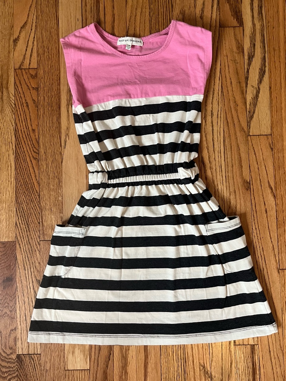 Poof Girl Excellence Pink & Black Striped Girls' Dress - Pocketed Casual Sz 14